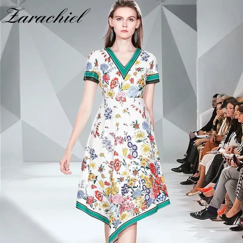 

New Fashion Runway Flower Print Vintage Shirt Dress 2019 Fall Womne Short Sleeve V-neck Elegant Boho Beach Asymmetric Dress