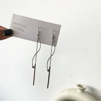 

Fashion Stainless Steel Curved Square Long Chain Tassel Bead Round Drop Earring silver Color Women Party Xmas Gift