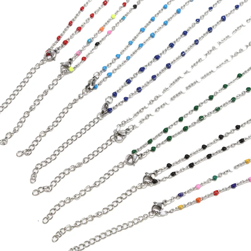 10pcs Stainless Steel 2mm Width Choker Necklace Charm Enamel Satellite Beaded Cable Ball Chain 45+5cm Extend Necklaces