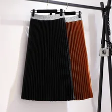 XXL~ 6XL зима корейский стиль сплошной размера плюс бархатная юбка Ретро мода плиссированные юбки эластичная талия длина до середины икры юбка B757