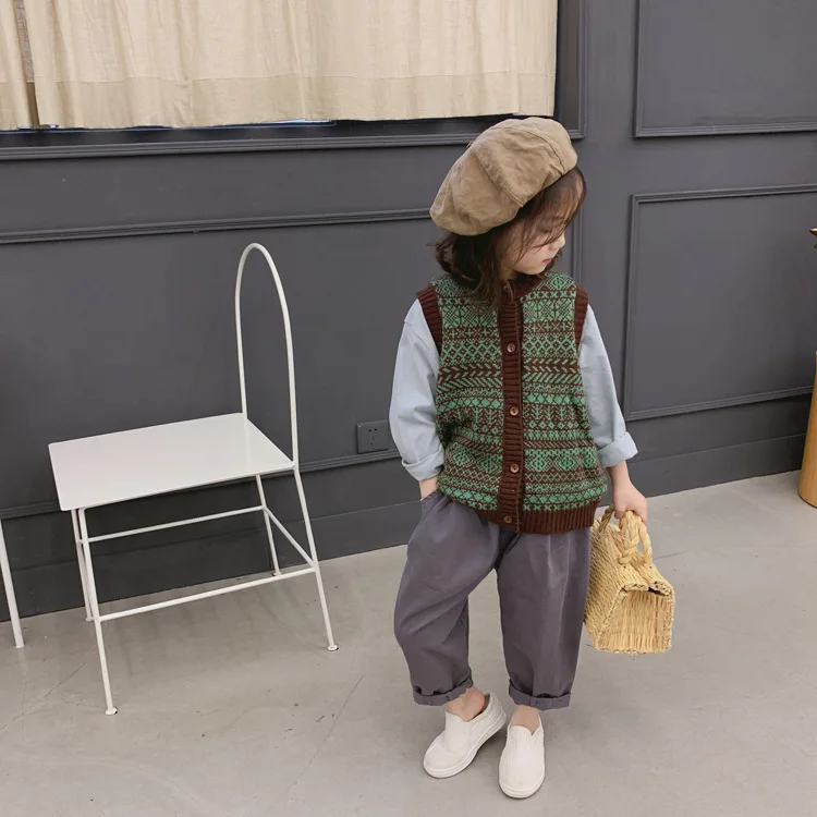 Tckids детская одежда, настраиваемый 19 весенний классический универсальный вязаный жилет с декоративным узором в стиле ретро, пряжа в Северном европейском стиле