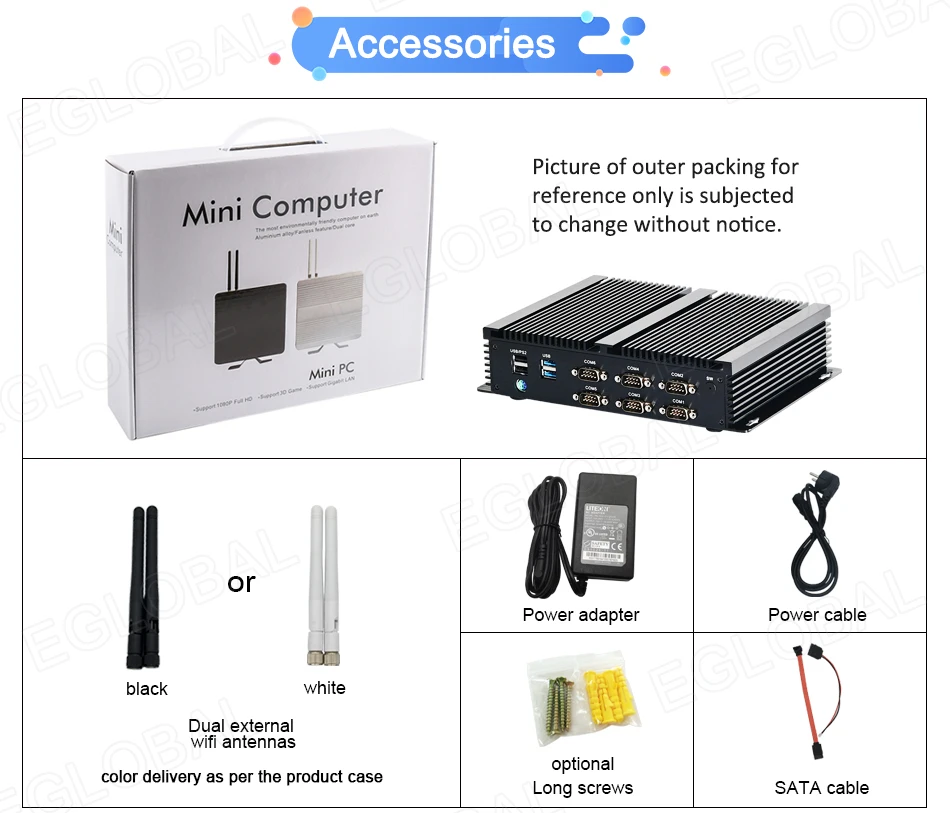 Elevate Your Operations with the Eglobal Industrial Fanless Mini PC - 6 COM, 2 LAN, Windows/Linux, Barebone System. Experience 7/24 Hours Working, 4 USB 2.0, 4 USB 3.0, and WIFI. Upgrade your industrial setup with this high-performance computing solution! Description Image.