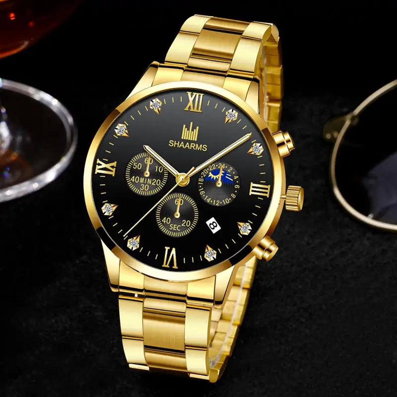 Shaarms Mens Watches Luxury Alloy Case Roman Numeral Display Date Dial Quartz Wristwatch Casual Business Watch Man Clock