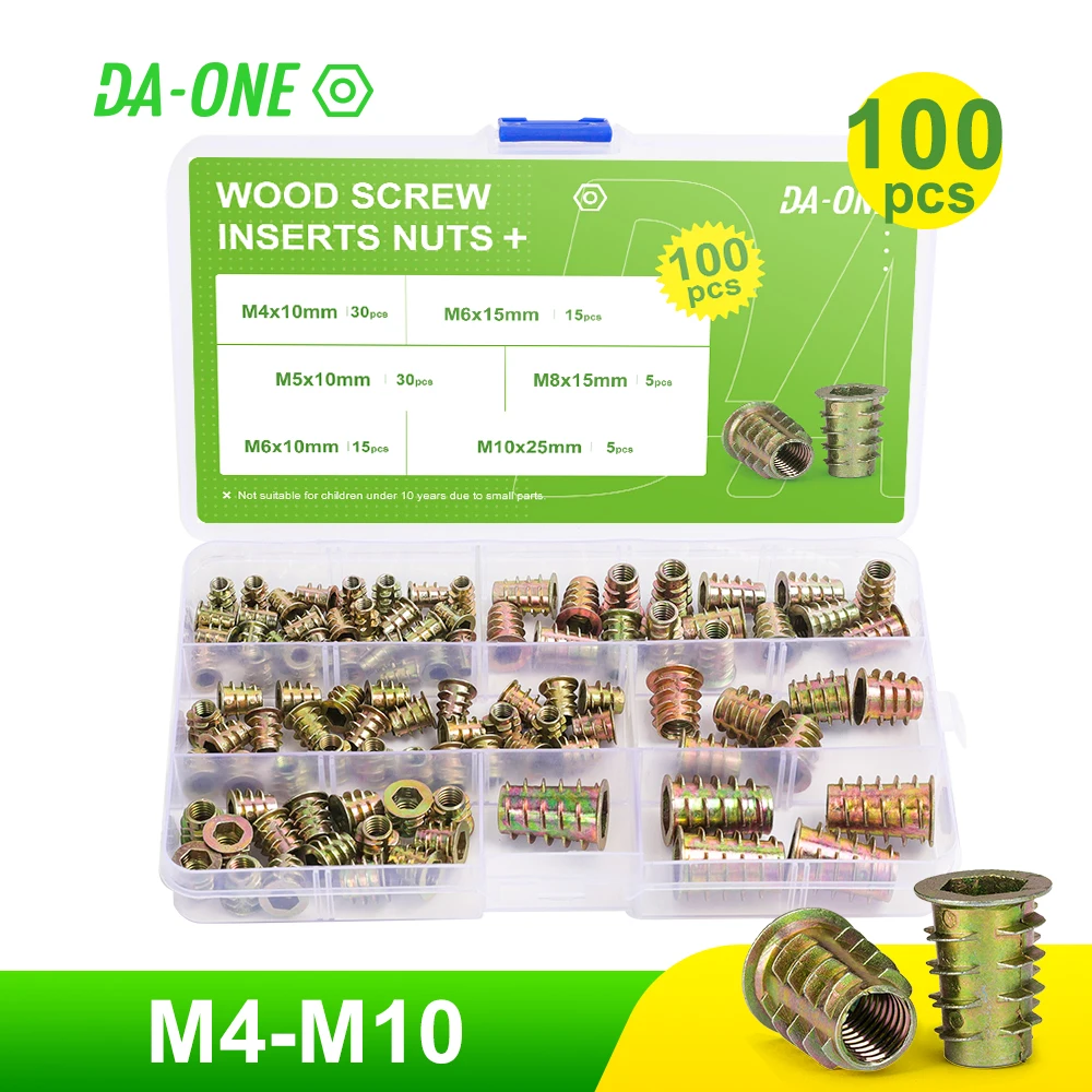 

100Pcs/Set M4 M5 M6 M8 M10 Zinc Alloy Thread For Wood Insert Nut Flanged Hex Drive Head Woodworking Furniture Nuts Kit
