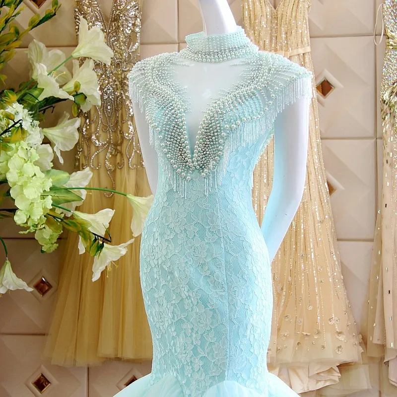 Robe de soiree, с высоким воротом, небесно-голубое кружевное платье-Русалка для выпускного,, прозрачные сзади, на заказ, с жемчугом, вечерние платья для матери невесты
