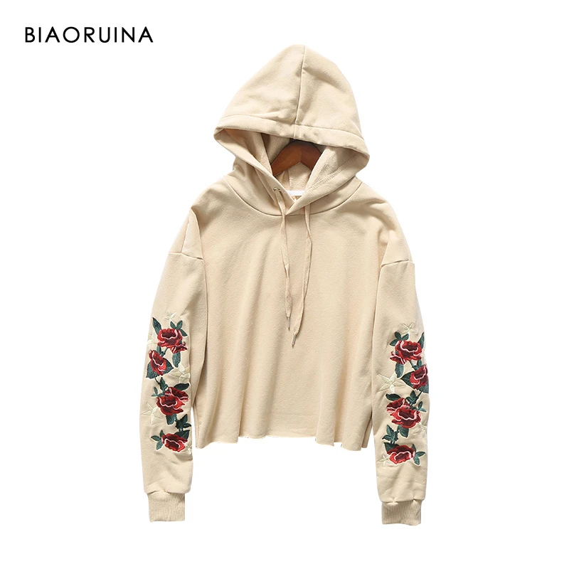 

BIAORUINA Women's Cotton Embroidery Floral Hooded Sweatshirt Female All-match Chic Streetwear Warm Fashion Hoodies Velvet Liner