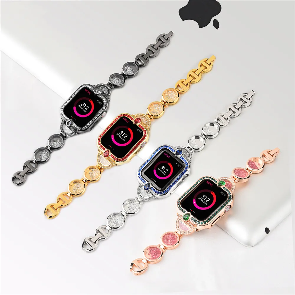 

Женские роскошные ремешок для наручных часов Apple Watch полос 40 мм, 38 мм, версия 44 мм 42 мм Шикарный Браслет Гладкий Металлический Чехол для наручных часов iWatch, SE 6/5/4/3/2/1 ремень