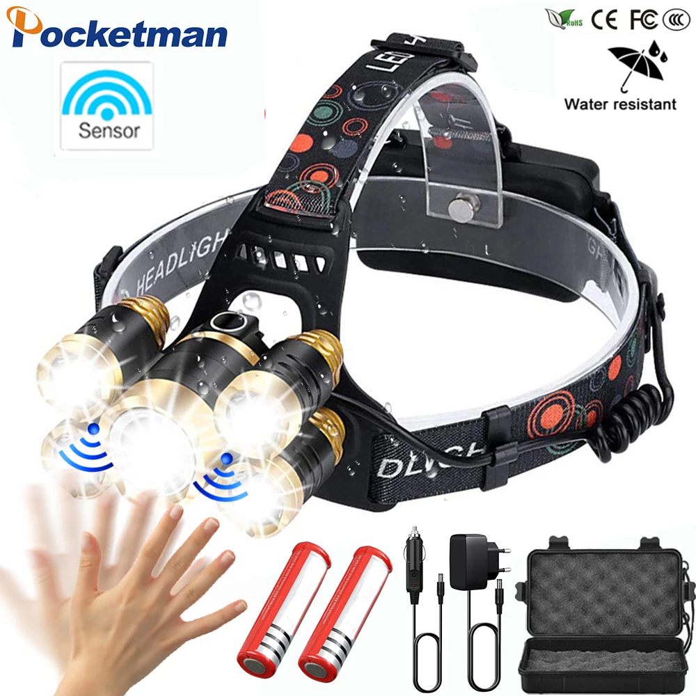 

LED Headlamp With sensor and Zoom 4 Modes Waterproof headlight 5 LED T6 Head Lamp Flashlight Torch head light 18650 fishing 91
