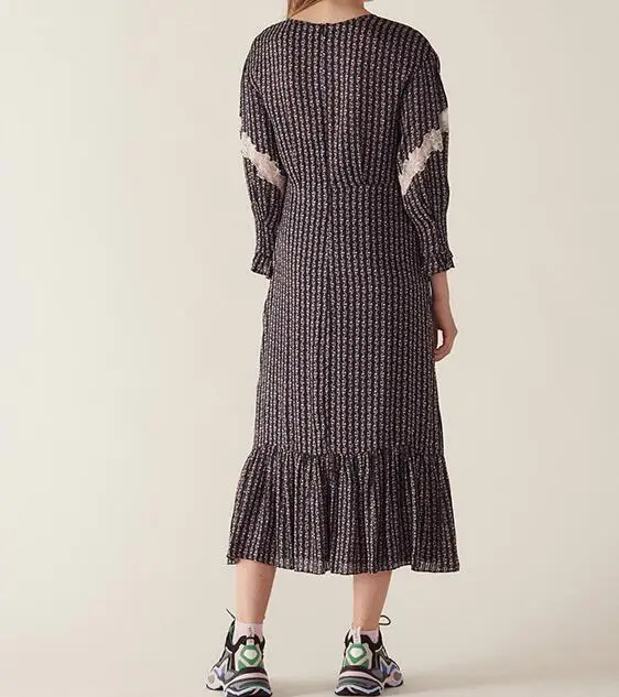 

Floral print Midi dress White lace insert Round Neck wit tied Drop shoulder long sleeeves Elastic Cuffs Ruffled Hem
