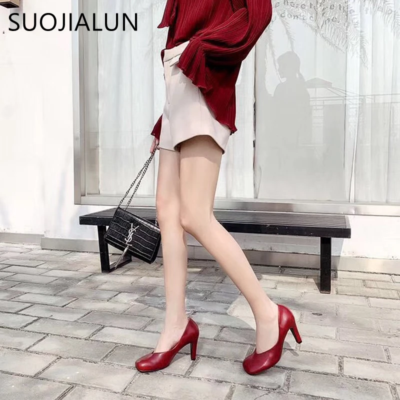 

SUOJIALUN Female Women Pumps Fashion Square Toe Sexy High Heel Shallow Shoes For Party Ladies Brand Work Pump Zapatos de Mujer