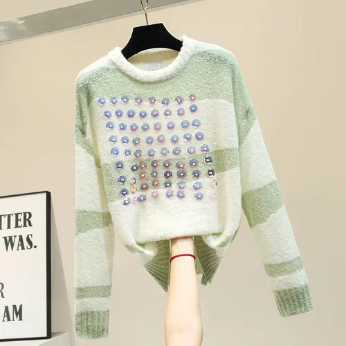 Light Grey НОВАЯ Трикотажная Рубашка с длинными рукавами, Женский необычный свитер с пайетками, Женская майка, Осень-зима, вязаные пуловеры, Свитера - Цвет: Light Grey