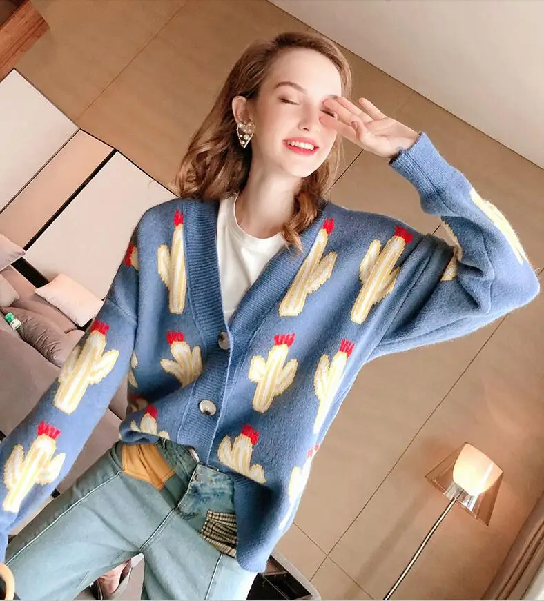 

2019 Fashion Light Blue Sweater Autumn Long Sleeve V-neck Slim Cardigan Sweater Single Breasted Knitted Sweater