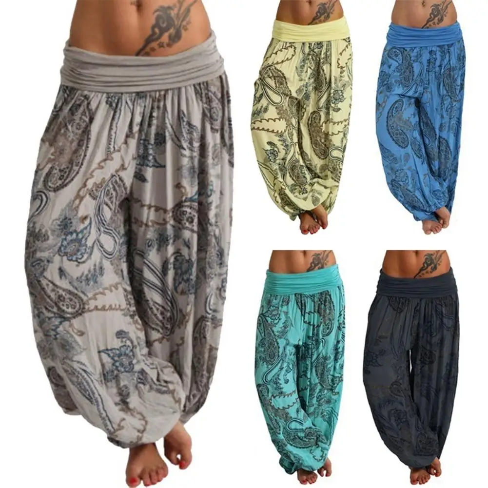 Fashion Women Boho Paisley Print Ankle Tied Baggy Loose Pants Long Bloomers Trousers Female Harem Pants women s extra large size pants loose high elastic harem pants middle aged clothing ankle length pants female 7 color trousers