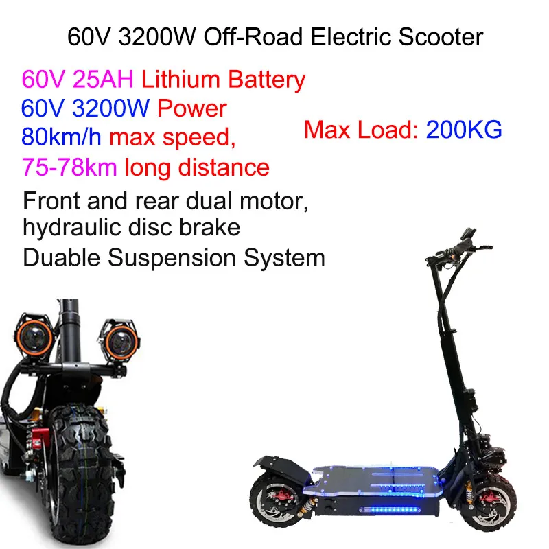 3200W 60V25AH 60V3200W электрический скутер 11 дюймов внедорожный 80 км/ч аккумулятор электрический мотор для взрослых самокат складной patinete electrico adulto - Цвет: 3200W 60V25AH