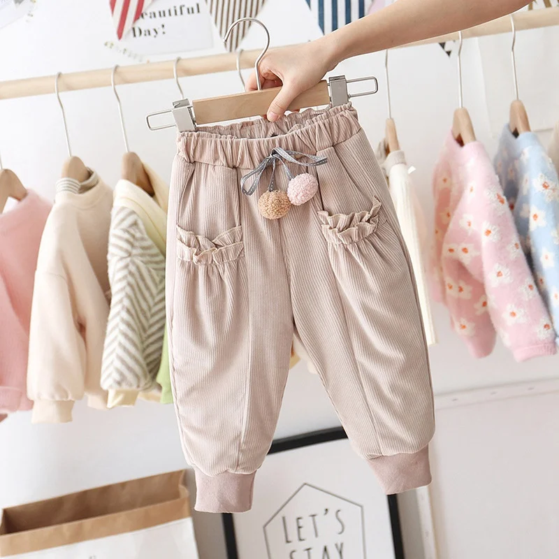 Зимние плотные бархатные штаны с оборками для маленьких девочек; коллекция года; теплые брюки; детская одежда; длинные штаны принцессы; S10250 - Цвет: Khaki