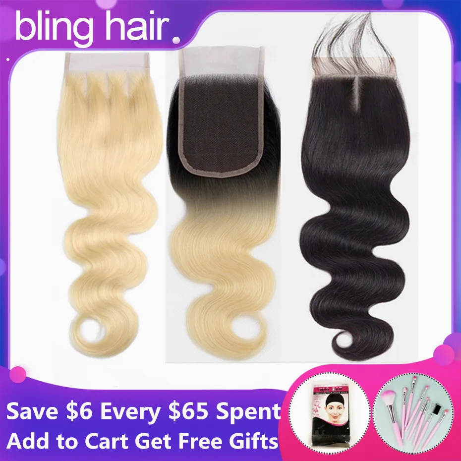 Bling hair#613 блонд бразильские объемные волнистые человеческие волосы Закрытие 4*4 закрытие шнурка средний/свободный/три части Remy 1b/613 натуральный цвет