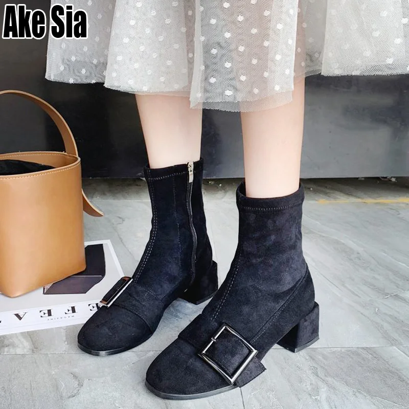 

Elegant Autumn Winter Women Lady Boots Med Chunky High Heels Ankle Boot Mujer Female Suede Leather Warmth Boots Mujer Shoes C041