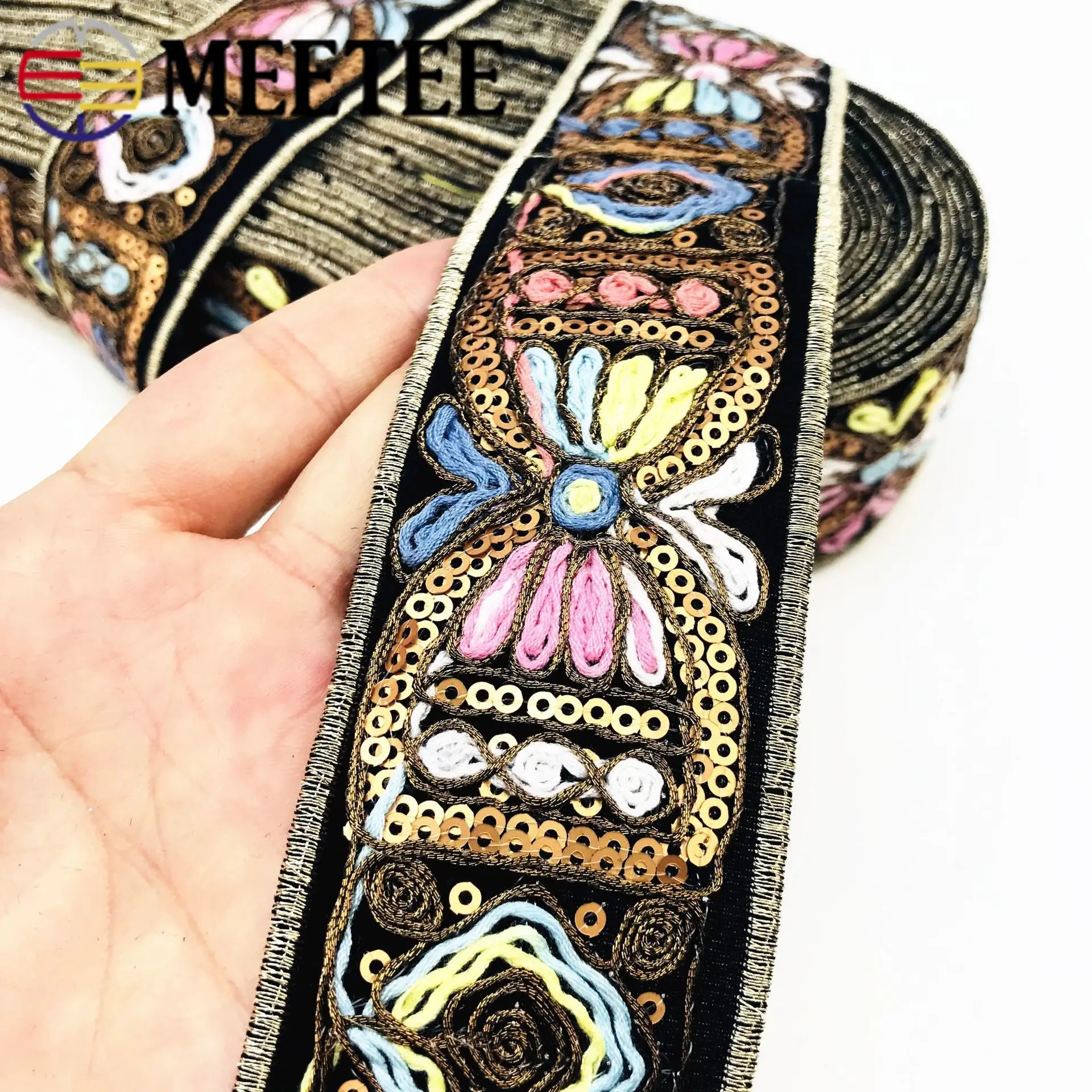 

2M Ethnic Gold Thread Sequins Webbing Ribbons Tape Shoes Dress Decorative Embroidered Lace Trims DIY Bag Sewing Accessories