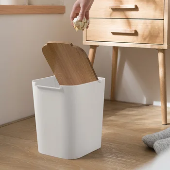 

Home Office Supplies Creative Mini Trash Can Desktop Plastic Bucket with Wooden Dustbin Waste Bins Small Car Trash