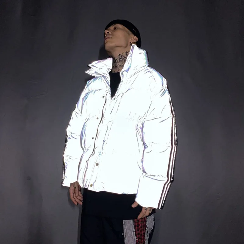 

Seveyfan Men's Hip Hop 3M Reflective Winter Jacket Streetwear Oversized Parkas Thicken Warm Windbreaker Coat for Male R3065