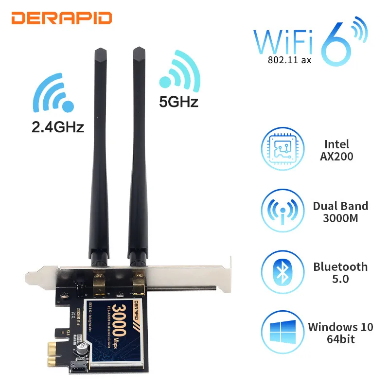 

Dual band 3000Mbps Wifi 6 Intel AX200 Bluetooth 5.0 PCIe Desktop Wireless Adapter 802.11ax/ac 2.4G 5G AX200NGW Newtork Card