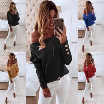 

Knitted Basic Off shoulder Sweater Women Loose Solid Tops Spring Autumn Long Sleeve Button Fashion pullover Jersey mujer pull up
