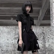 

Alt Goth Dress Punk Gothic Harajuku Summer Black Mini Dress Shirt Women Short Sleeve Emo Clothes Mall Goth Dark Academia