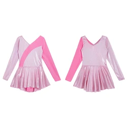 #4-16 Kids Girls Long Sleeve V Neck Patchwork Style Ballet Dance Costume Flash Pink Skating Dancing Dress Stage Show Dancewear