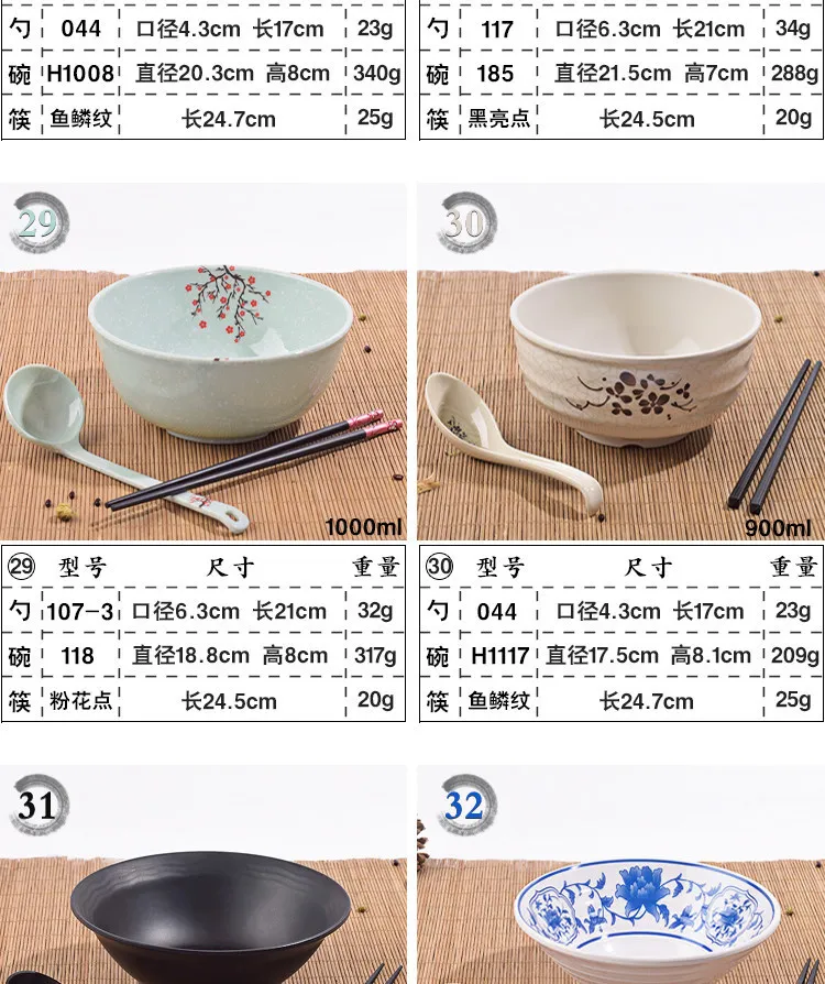 Japanese noodles lamian ramen soup bowl schopsticks spoon suit plastic melamine tableware set spicy hot pot restaurant use 2sets