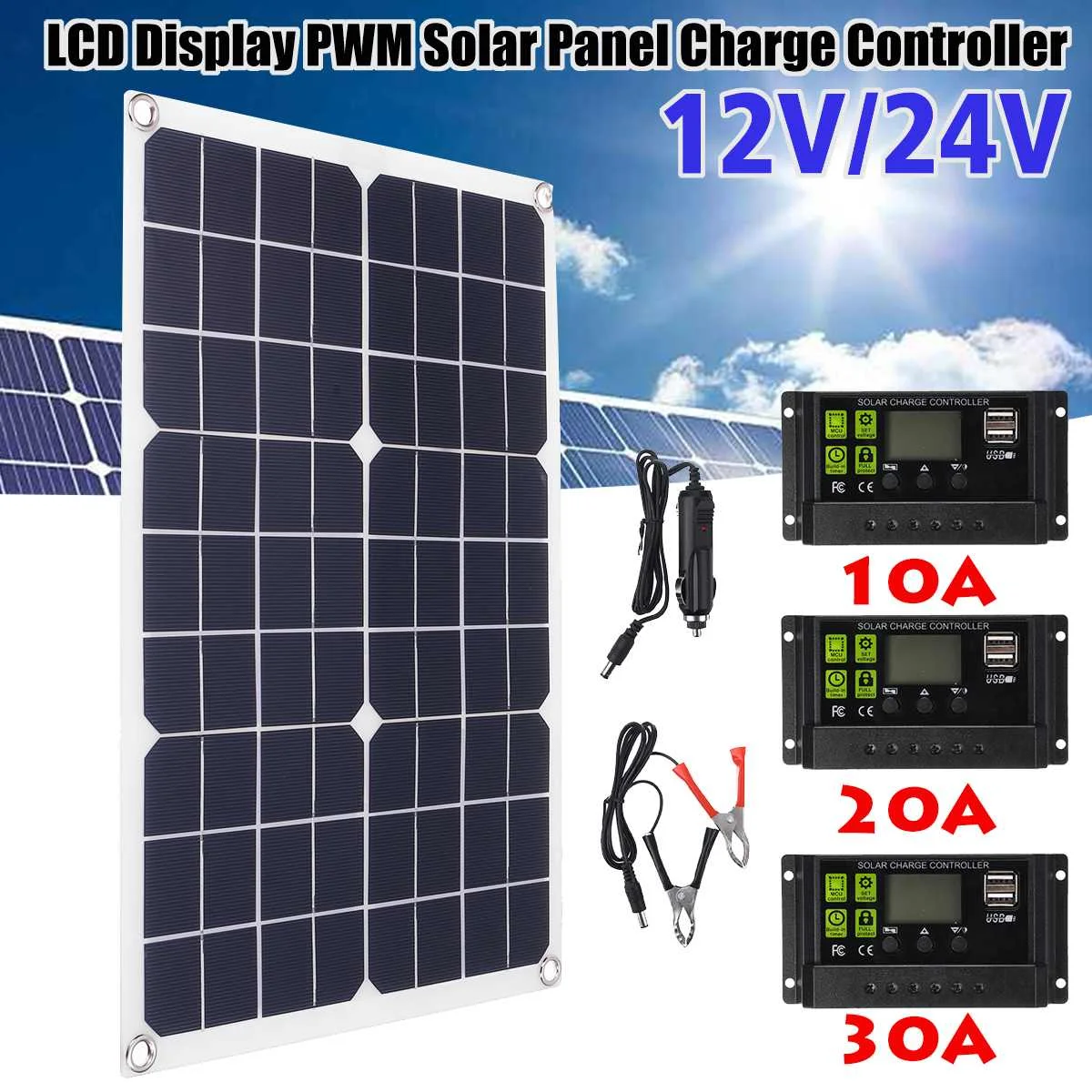 

New 50w Solar Panel 12V/24V LCD Display PWM Solar Charge Controller 2 Bank Board External Battery Charging USB Car Charger
