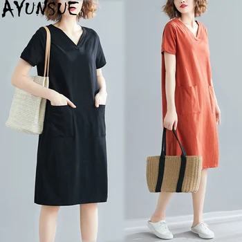 

AYUNSUE Summer Casual Dress Female Cotton Plus Size Dress Midi Korean Loose T Shirt Dress Women Clothes Vestidos Mujer KJ3902