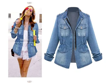 

Womens Pocket Coat Ladies Casual Denim Oversize Jeans Chain Jacket Long Sleeve Waist Down