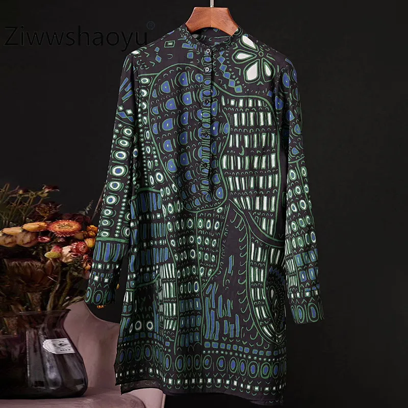  Ziwwshaoyu Runway Designer Vintage 100% Cotton Shirt Baroque Printing Long Sleeve Stand Collar Loos