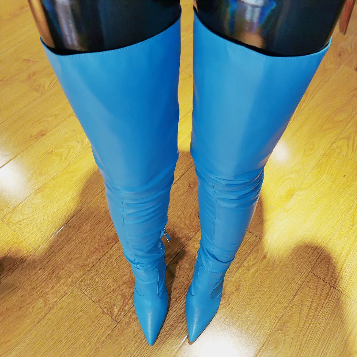 Kolnoo New Handmade Ladies High Heel Boots Blue Faux Leather Pointy Sexy Evening Over Knee Boots Fashion Winter Thigh-high Boots