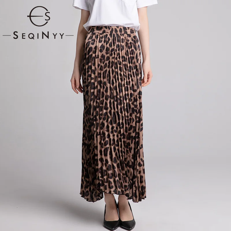 

SEQINYY Summer Spring Skirt 2020 New Fashion Design Women Elastic Waist Leopard Print Pleated A-Line Ankle-Length Skirt Elegant