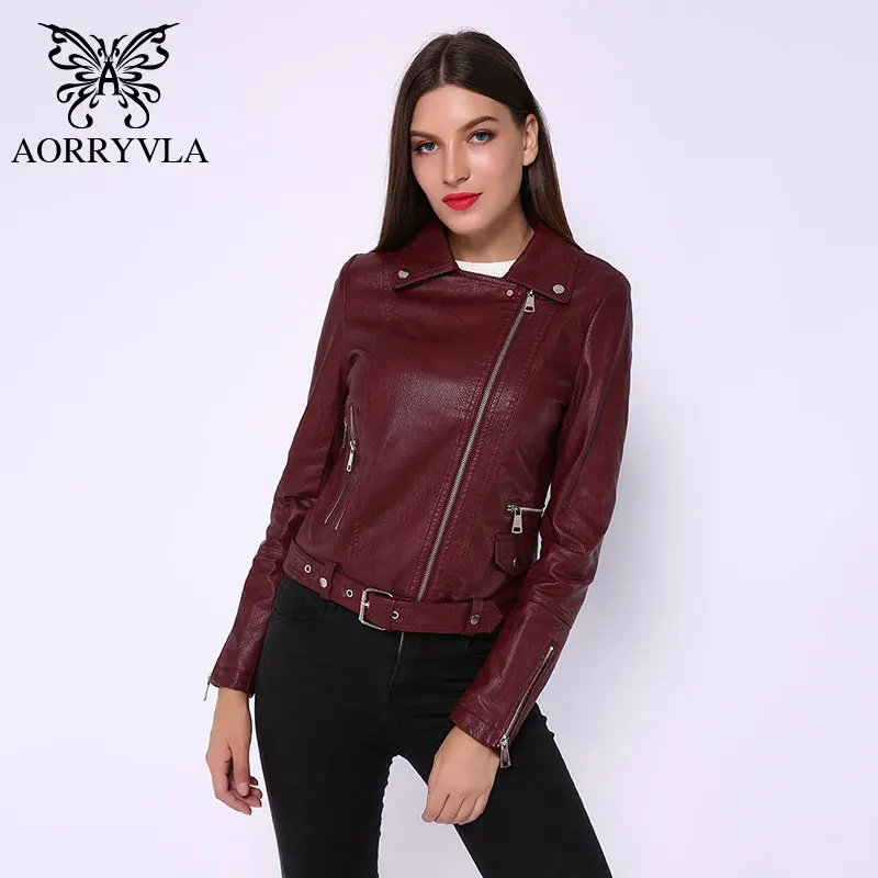 AORRYVLA женская куртка из искусственной кожи pu с отложным воротником черного цвета, мотоциклетная Женская куртка на молнии, высокая уличная Женская байкерская куртка