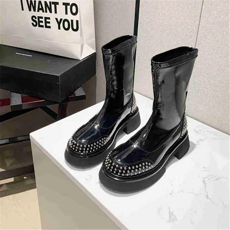 ペア 販売 クランシー厚底ブーツ ブランドデザインの丸いつま先の靴 高品質 秋冬 Mid Calf Boots 買い オンライン Keyport Jp