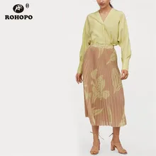 ROHOPO миди юбка с высокой талией желтый цветочный Макси Многослойные клеш в складку розовый Jupe#2255