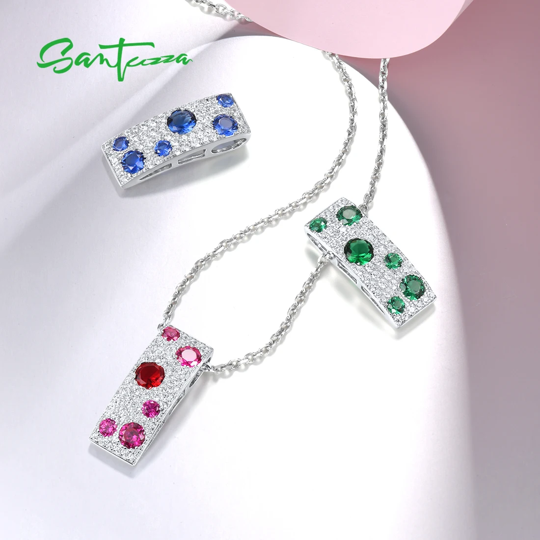 925 Sterling Silver Pendant for Women Rectangle Shiny Blue CZ Green Spinel Ruby Party Gift