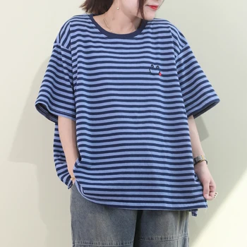 

[EWQ] 2020 Spring Summer New Pattern Round Collar Short Sleeve Striped Patchwork Pullovers Vintage T-shirt Women AJ02005