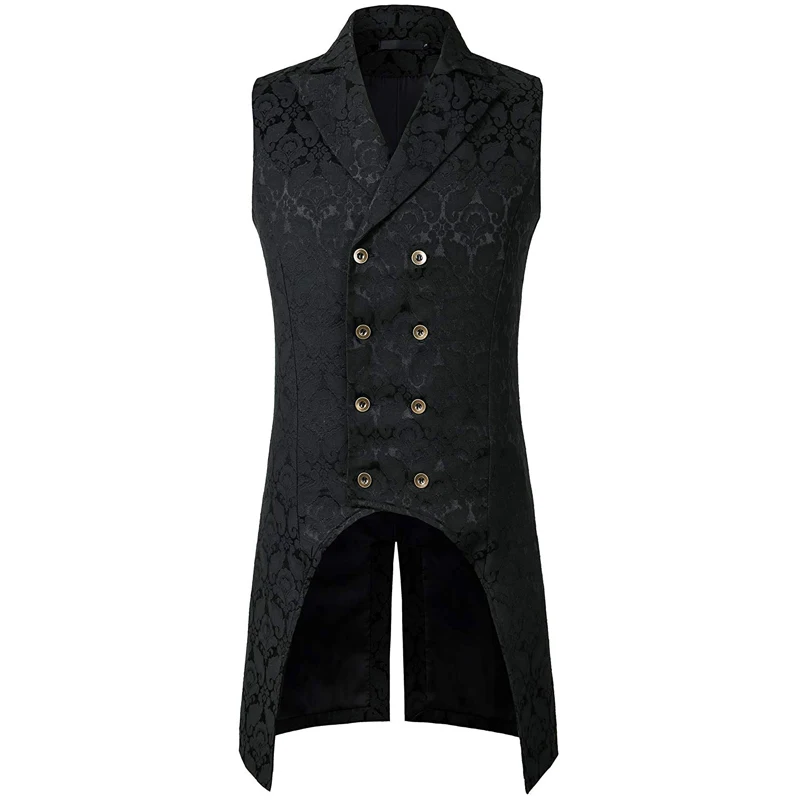 

2020 Mens Gothic Steampunk Vest Double Breasted Sleeveless Jacquard Tailcoat Medieval Victorian Cosplay Suit Vest