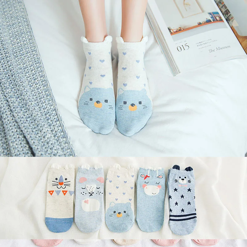 5 пар = 10 штук женские носки с героями мультфильмов хлопковые осенне-зимние невидимые носки с милыми животными безбортные носки Harajuku Дышащие носки - Цвет: As shown