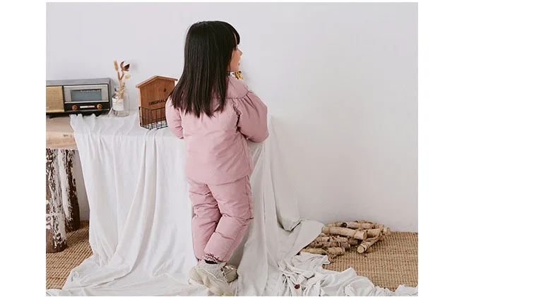 Коллекция 2019 года, зимний костюм для девочек от 18 месяцев до 6 лет, стеганая куртка с воротником и рюшами однотонный комплект с эластичными