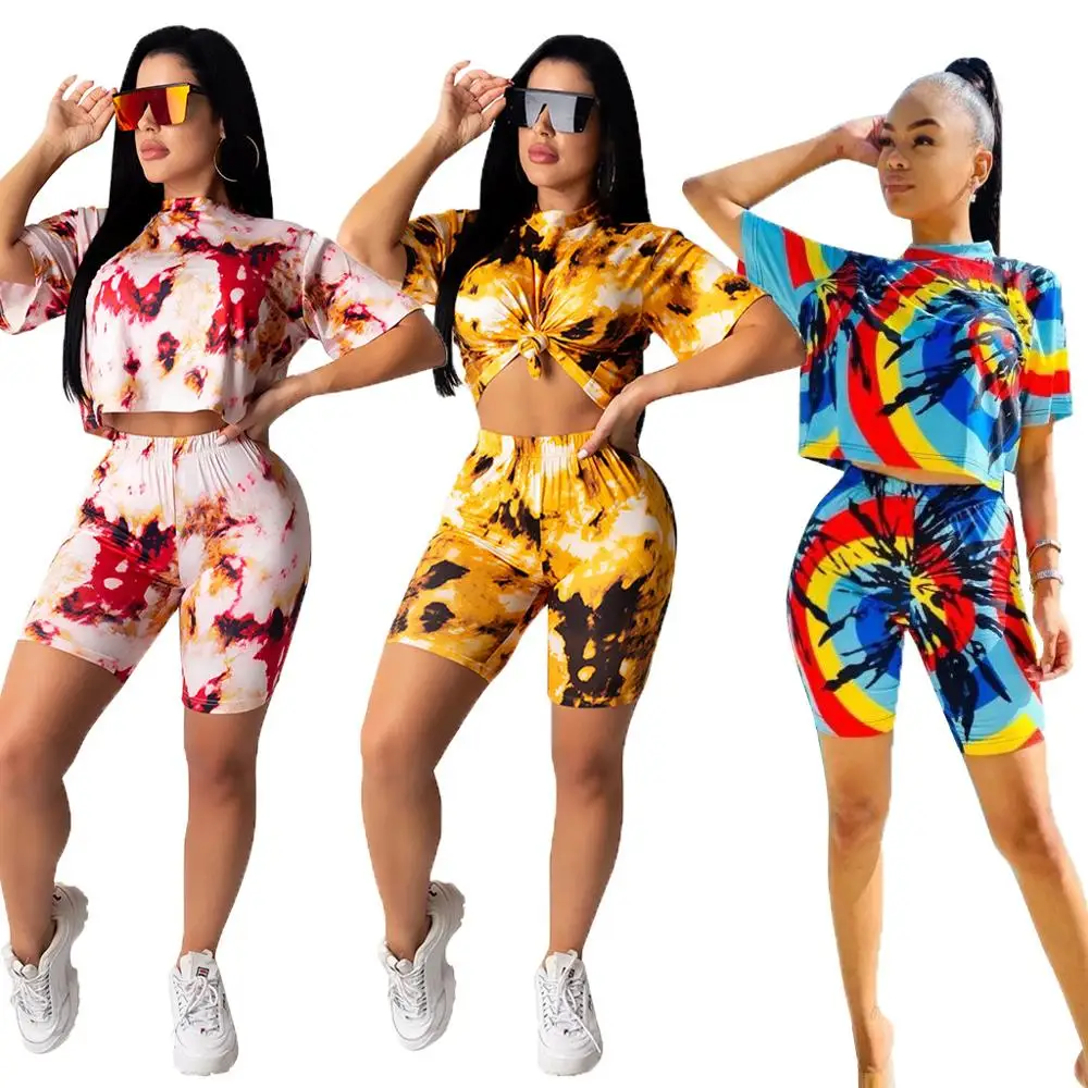 Shorts Set Two Piece Tracksuit Women Short Sleeves Tie Dye Casual Crop Top