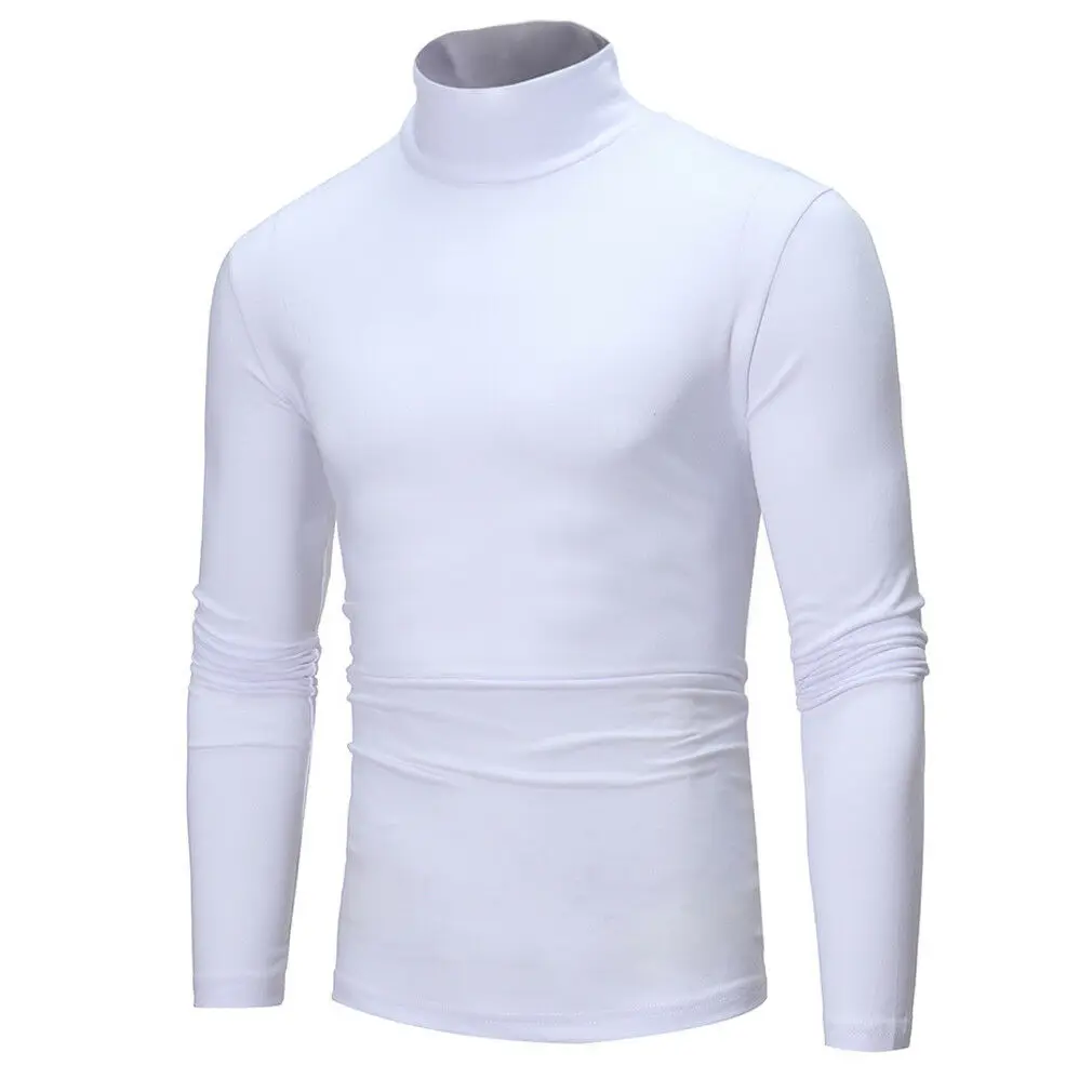 White Mens Long Sleeve Cotton High Neck Turtleneck Stretch Slim Basic Tee Tops New Mens Roll Turtle Neck Pullover Knitted Sweater - Color: White