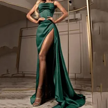 

Dark Green Mermaid Long Prom Dresses Sexy High Slit Strapless Pleat Satin Plus Size Party Wedding Dresses For Women