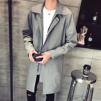 

AreMoMuWha 2019 Autumn New Long Windbreaker Men's Trend Youth Korean Version of Loose Solid Color Jacket Casual Lapel Coat QX873