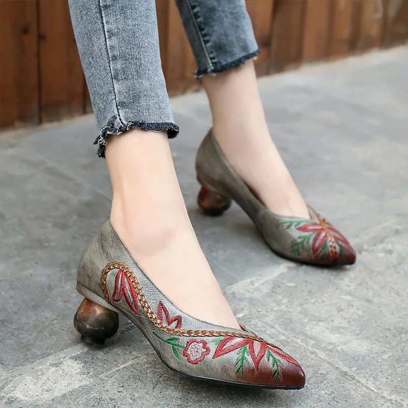

Women Leathter Pumps Gray Pointed Toe Embroidery High Heels Women Spring Retro Shoes Handmade Genuine Leather Loafer Pump Women
