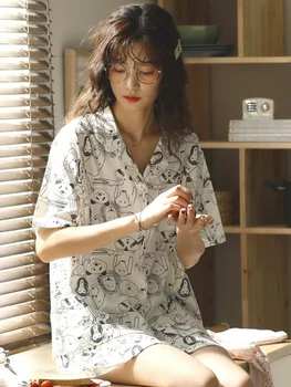 

2020 New Pajamas Women's Summer Thin Cotton Cute Cartoon Animal Cat Printed Two Piece Japanese style Household Clothes
