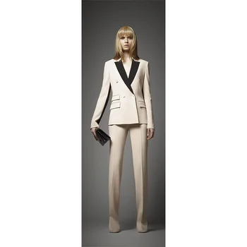 

Jacket+Pants Women Business Suit Ivory Jacket Black Lapel Female Office Uniform Ladies Formal Trouser Suit Double Breased